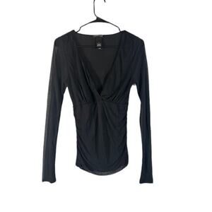 Kenneth Cole Silk Deep V-Neck Long Sleeve Fitted Top Sheer Blouse Black Women M